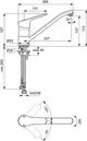 Küchenarmatur von Ideal Standard mit einem langen Hebel und integriertem Auslauf. Zeichnung zeigt Maße und Anschlussdetails für die Installation.
